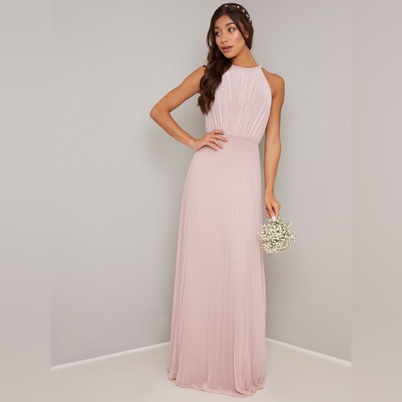 Chi Chi London Dresses & Skirts - Chi Chi London High Neck Pleated Maxi Evening Dress in Blush Pink Size 8